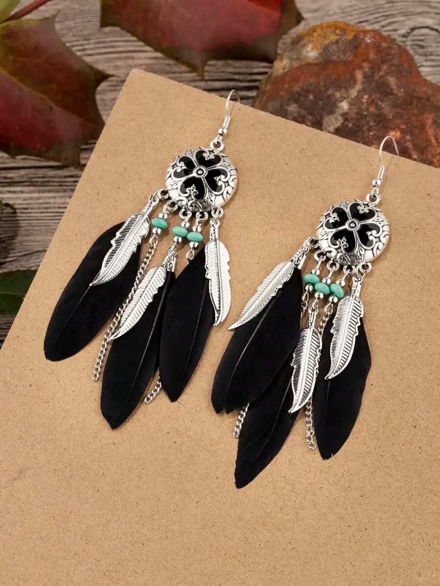 Bohemian Style Feather Drop Earrings With Turquoise Beads And Metal Charm
