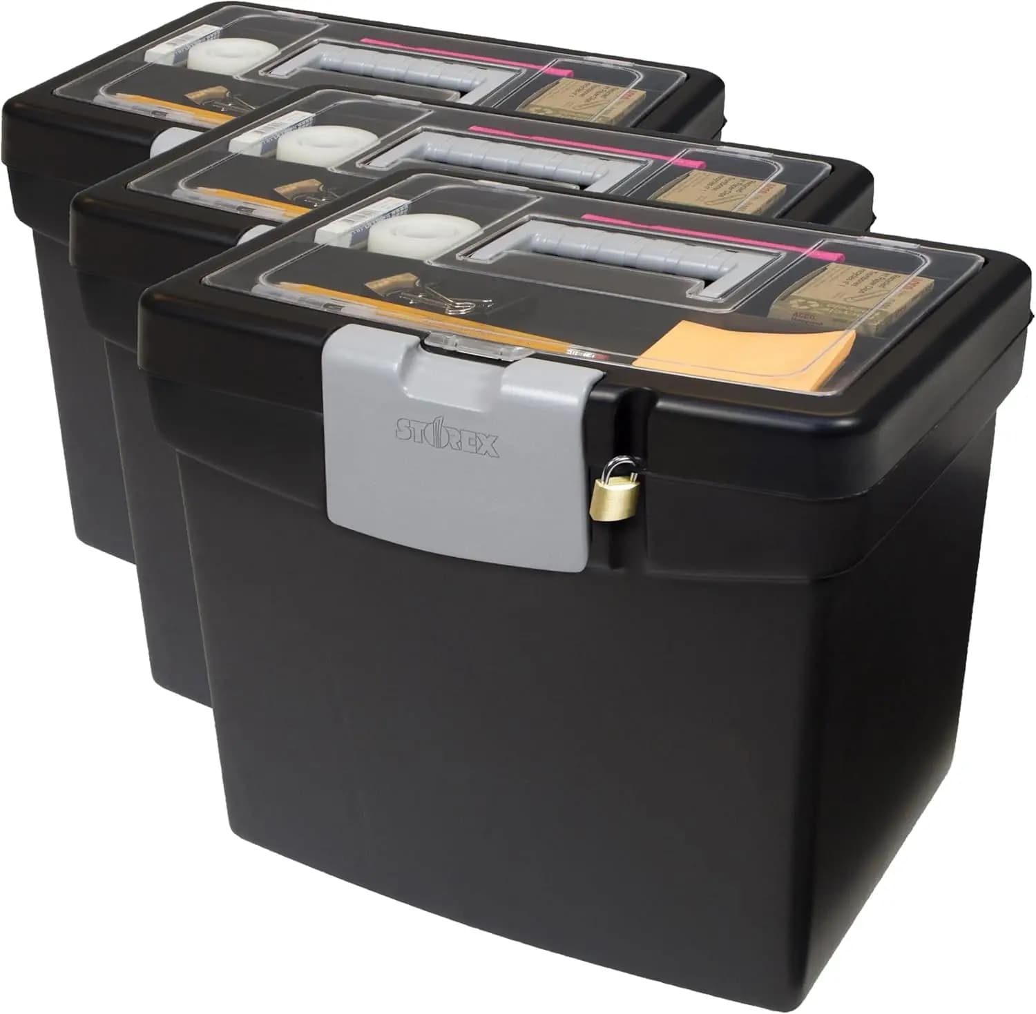 Scatola portadocumenti portatile con coperchio XL, contiene cartelle sospese formato Letter, plastica resistente agli urti, confezione da 3 nere