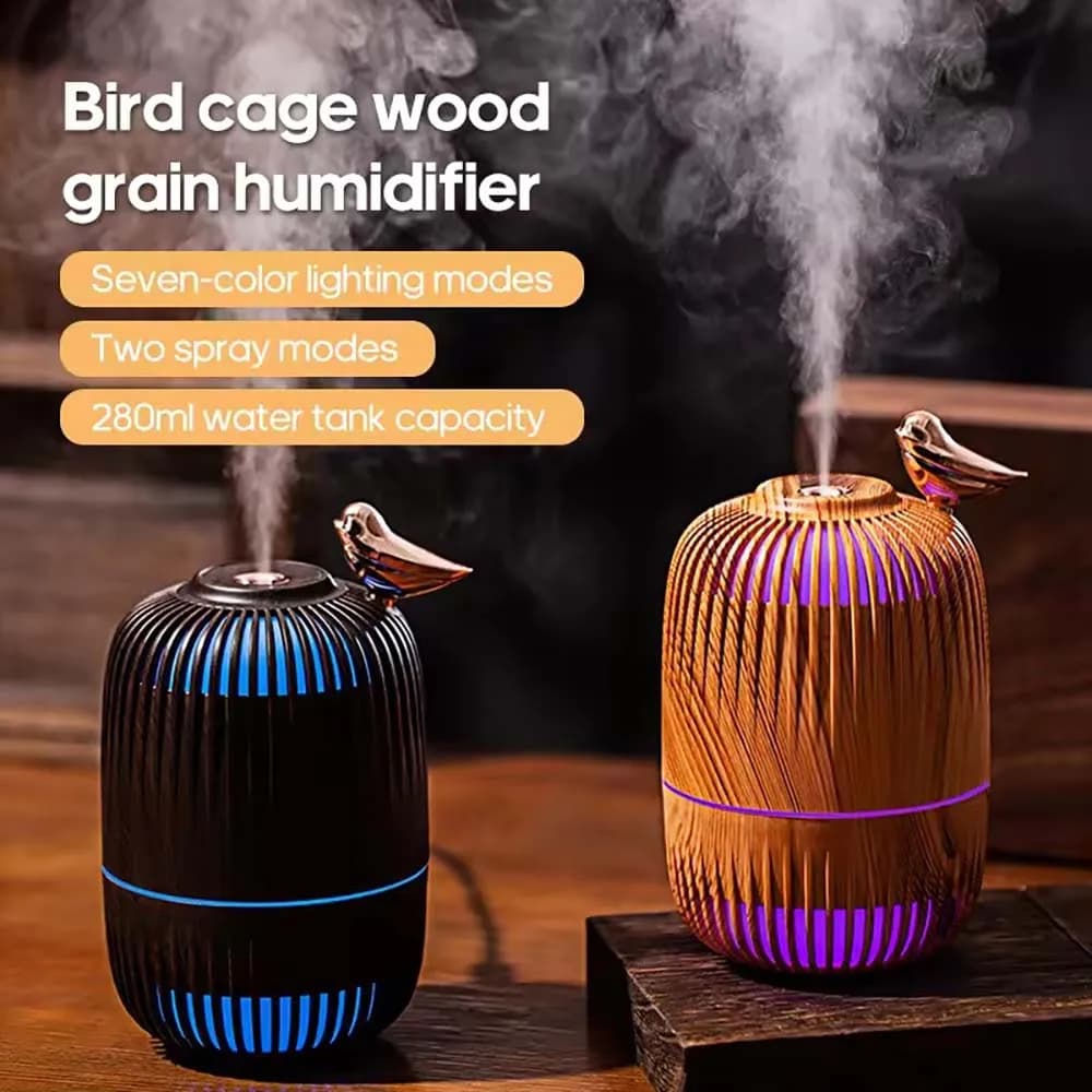 Umidificatore Creativo a Forma di Gabbia per Uccelli in Legno da 280ml, Diffusore di Aromi USB, Atomizzatore Mini per Atmosfera Domestica, Umidificatore per Camera da Letto