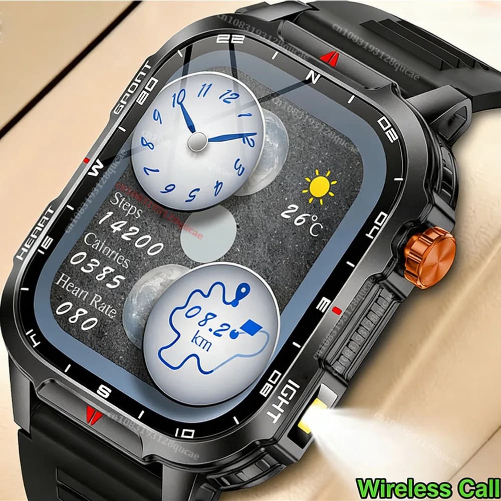 Smartwatch Military Robusto 2026 Men's, 2.01 Inch Touch HD Screen, Bluetooth Voice Call, LED Flashlight, External Smartwatch