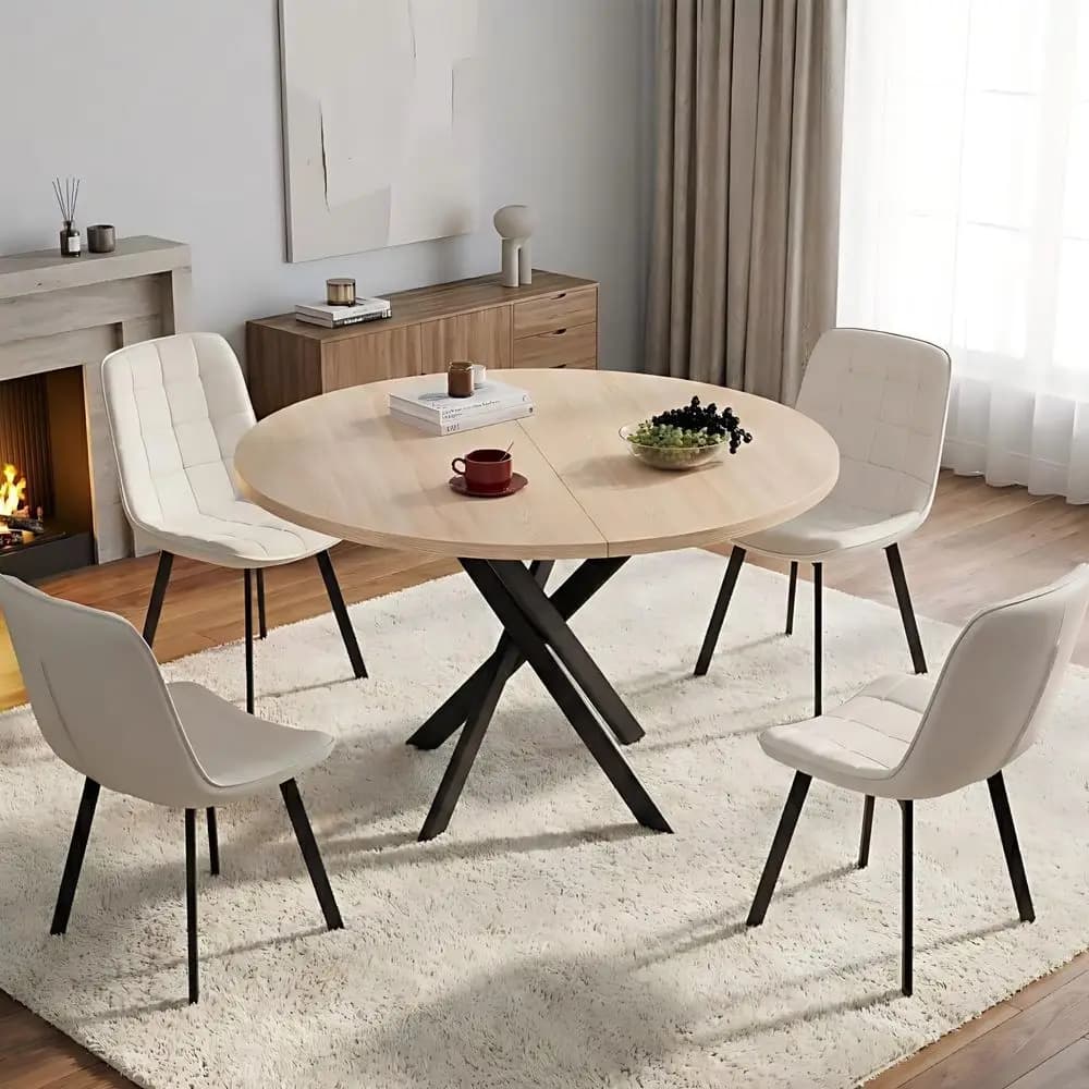 Set da pranzo color crema in 4 pezzi con tavolo a X e sedie con cuscini a U