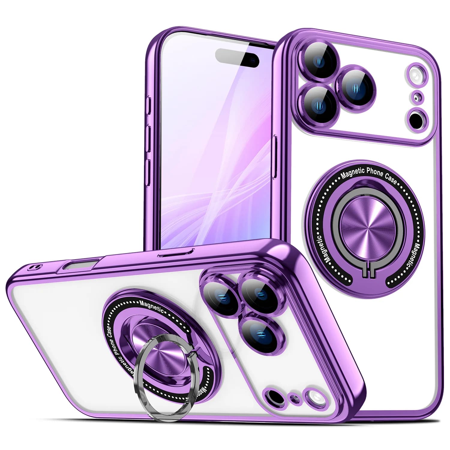 Per iPhone 17 16 15 14 13 12 11 Pro Max Plus Anello magnetico Supporto Cover posteriore Placcatura di lusso Trasparente per custodia con staffa Magsafe