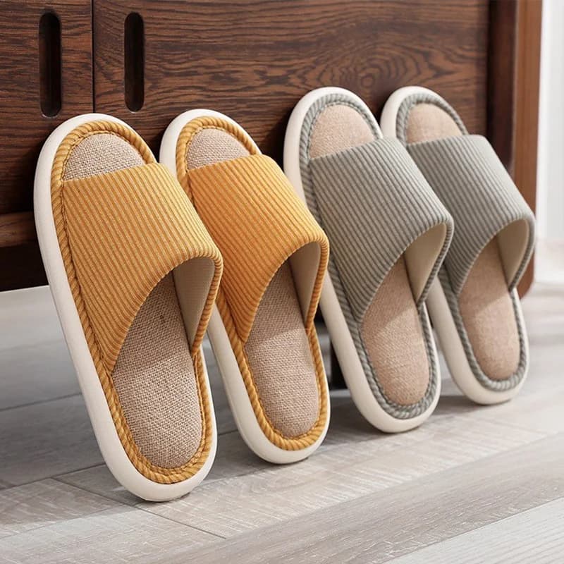 Men's Linen Slippers, Women's Silent Shoes, Breathable Sandals, Anti-slip Slippers for Couples, Home Slippers with Mirror Sole