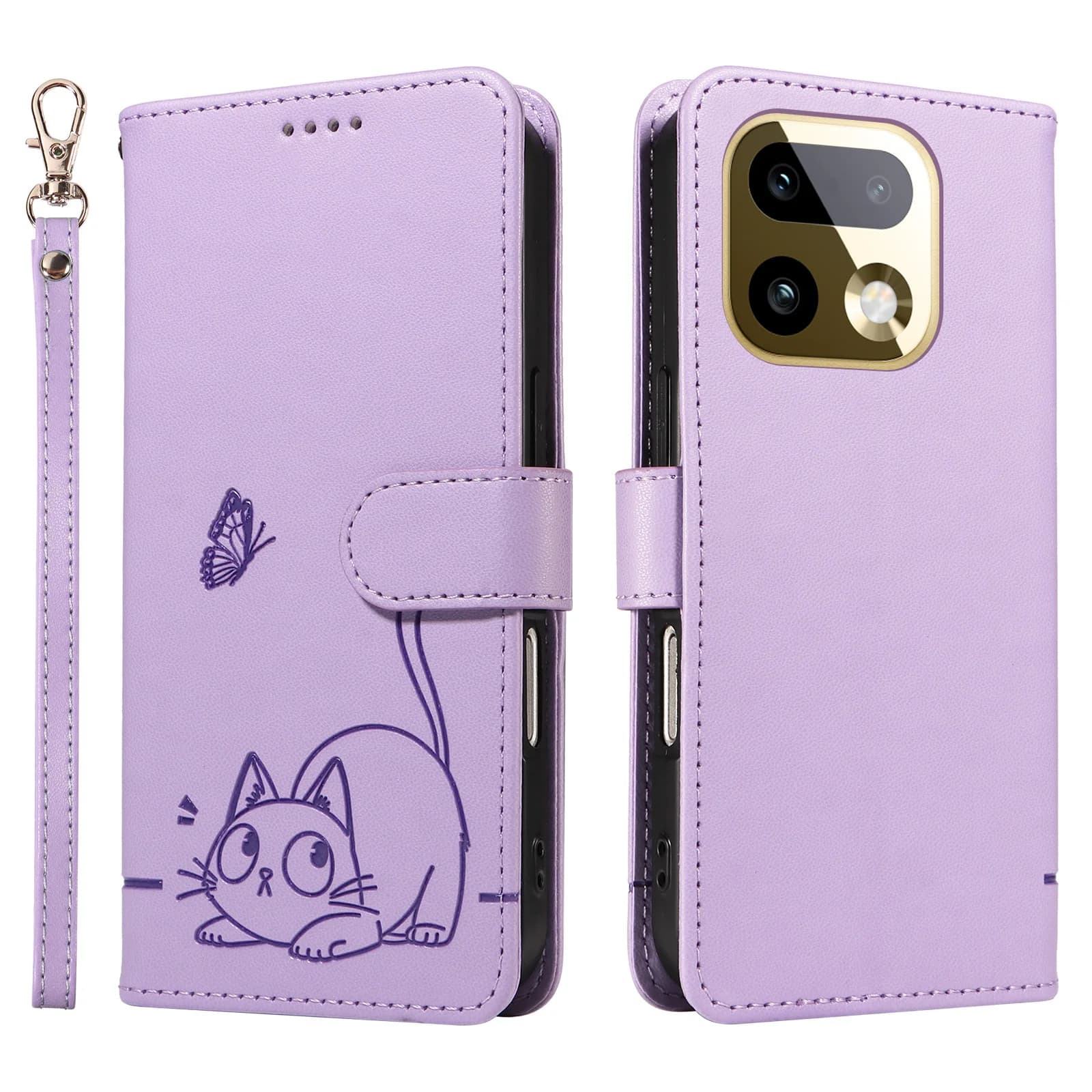 Leather Wallet Flip Case for Realme 14 14T 14X 15 15X 15T 16 Note 70 C100 C85 C83 Pro Plus | Cat & Butterfly Embossed Design
