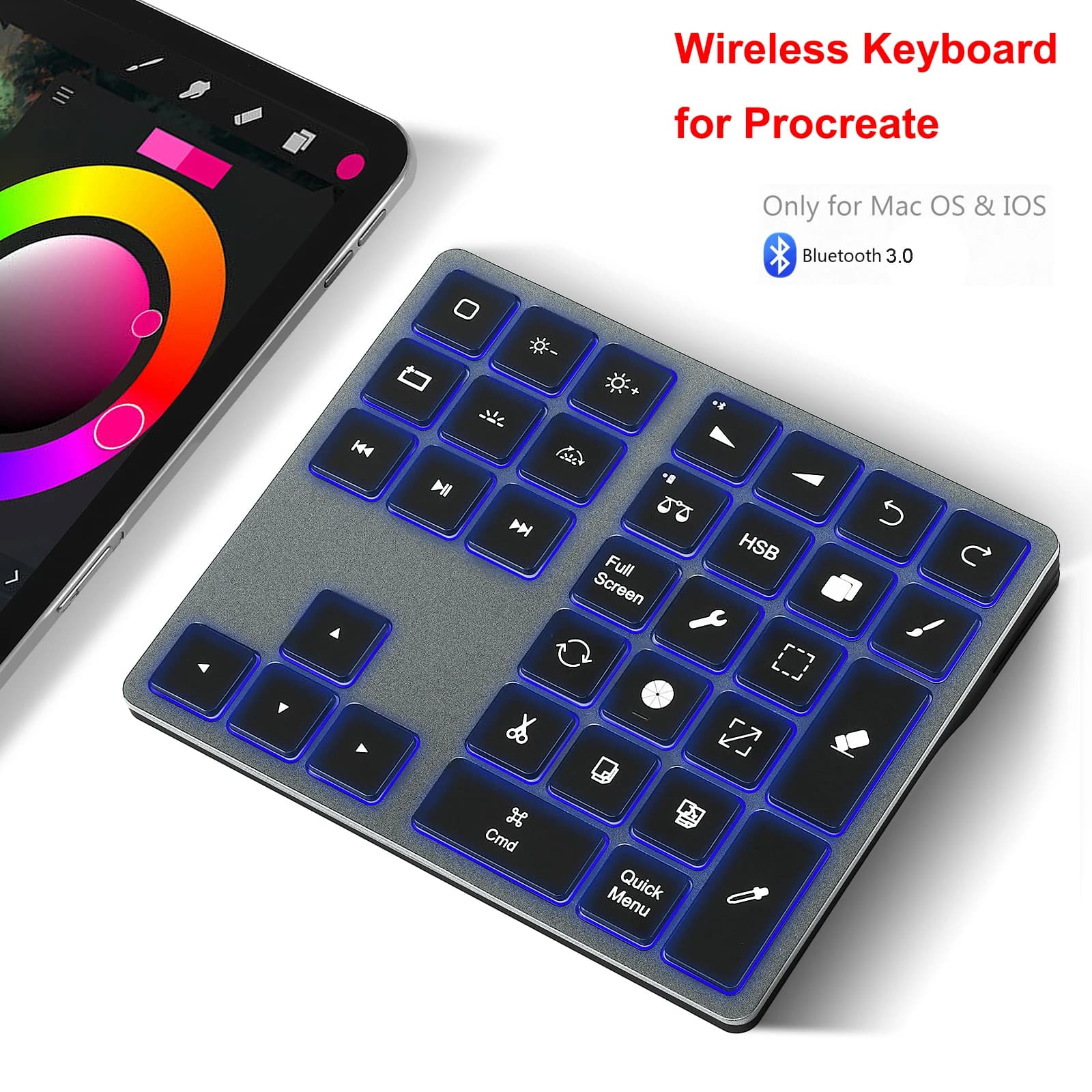 Tastiera di scelta rapida Wireless per procrea retroilluminazione portatile ricaricabile Bluetooth 3.0 in alluminio per iPad disegno Tablet pittura