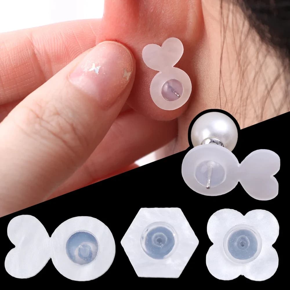 6 pezzi Tappi per le orecchie di supporto per hamburger in silicone Tappi per orecchini trasparenti in acrilico bianco Tappi per orecchini anti-cedimento per uso alimentare Tappi posteriori con fibbia per orecchio