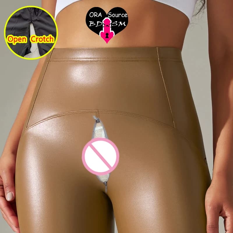 Sexy women's leggings with high waist PU horse opening with hidden hinges in leather Clubwear Mutandine Pants without horse Outer pants