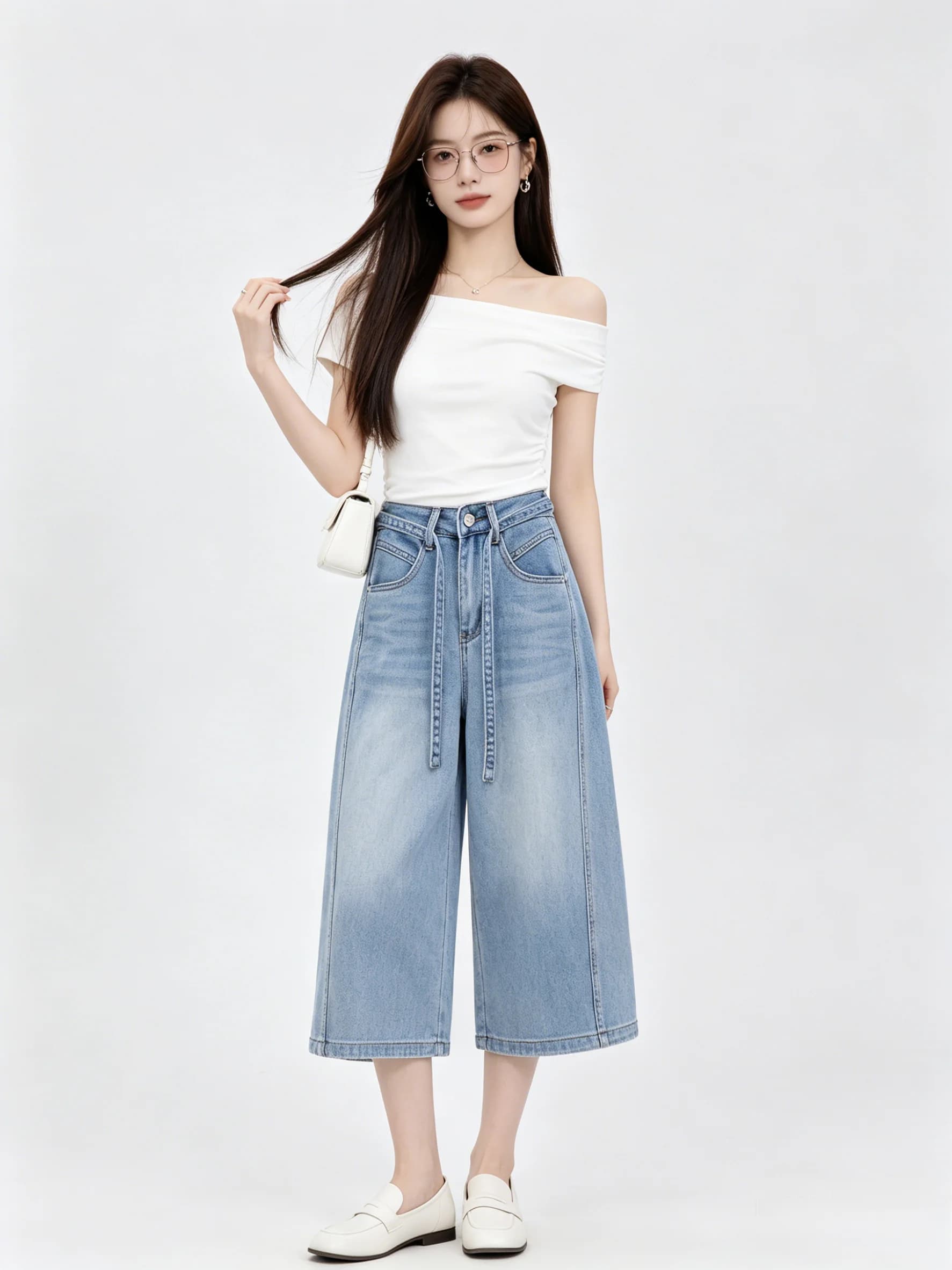 Commute Versatile Light Blue Korean Style Simple Wide Leg Seven-Foot Jeans Summer Season Ladies Casual Comfortable Denim Pants