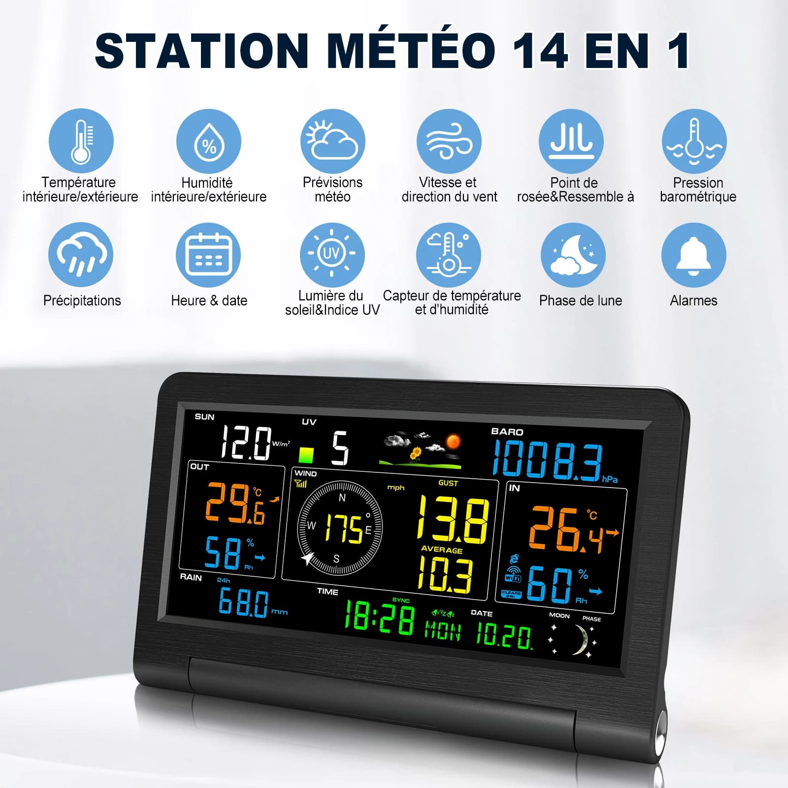 Weather station 14 in 1 with wireless external sensor Real-time temperature/humidity/wind/rain/pressure/moon phase