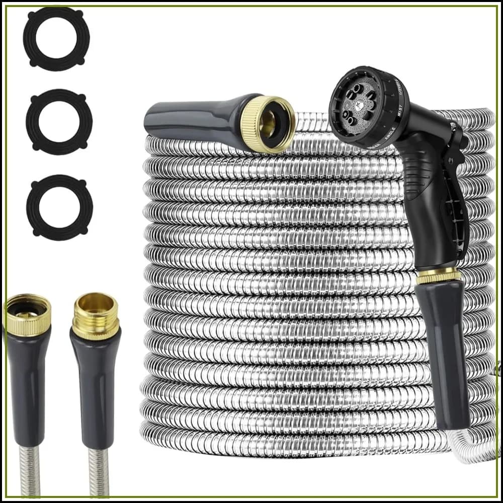 50ft Stainless Steel Garden Hose with 10-Function Nozzle, Heavy Duty Metal Water Hose for Yard Outdoor