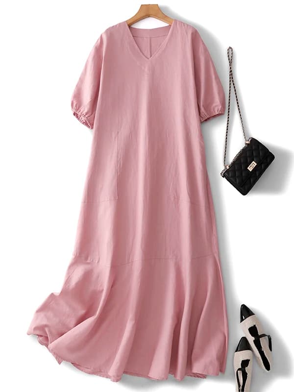 Abito lungo in cotone e lino con scollo a V e vita alta, stile casual da donna, modello a balze, per tutti i giorni