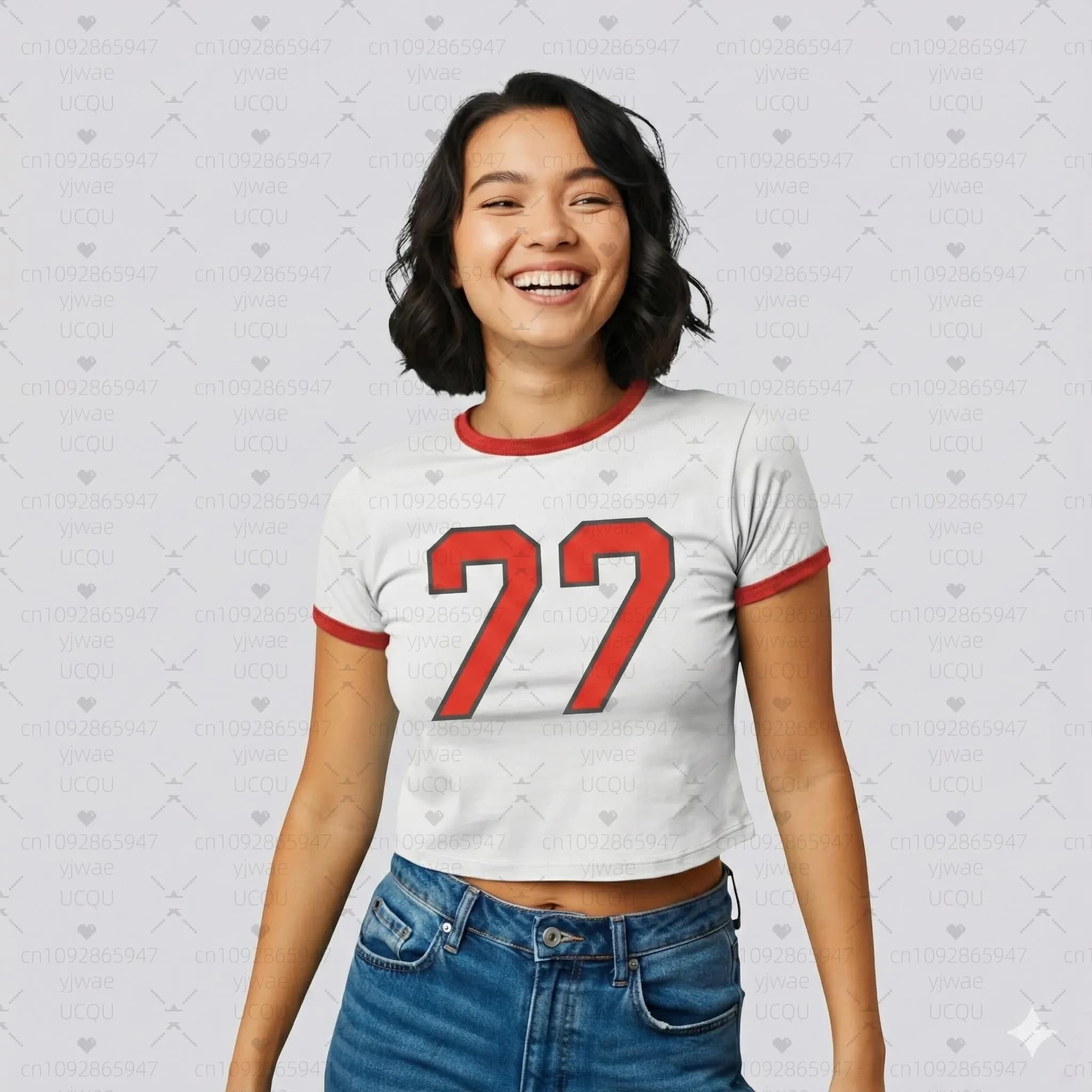 T-shirt Estiva da Donna 2026, Top Corto Sexy Stile Y2K NO.77, Maglietta con Scollo Tondo e Maniche Corte, T-shirt Casual Basic con Stampa Numero 77