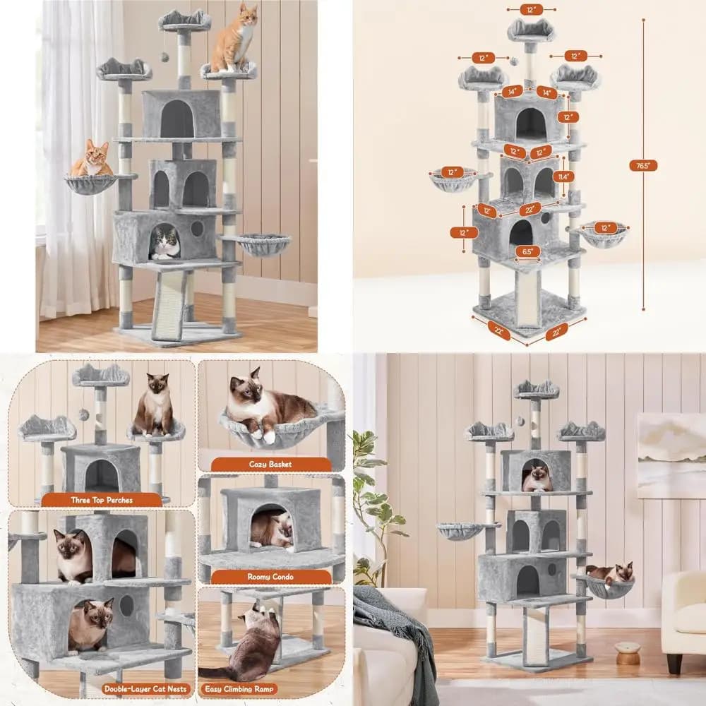 Albero per gatti alto 76,5 pollici con livelli multipli, 3 macchie nascoste, 9 aree antigraffio e 2 scomparti per gatti di grandi dimensioni