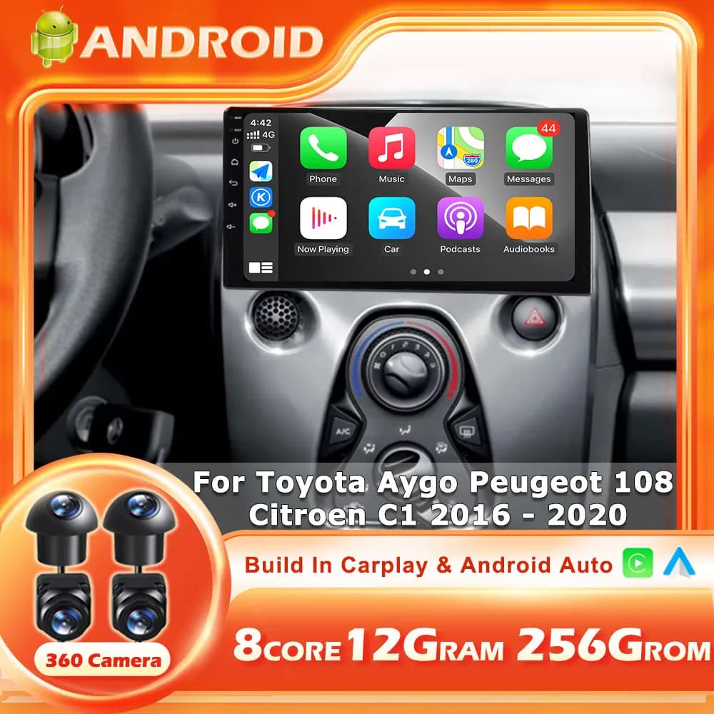 Autoradio Android 16 per Toyota Aygo, Peugeot 108, Citroen C1 2016-2020, Lettore Multimediale Stereo con Carplay Wireless e Bluetooth
