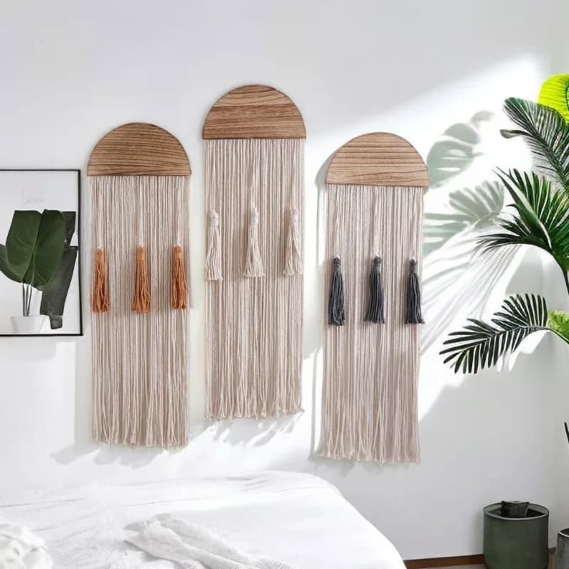 Modern Minimalist Fringe Textile Art Bohemian Inspired Semi-Circular Wooden Form Handcrafted Accent Piece Cotton Wall Tapestries