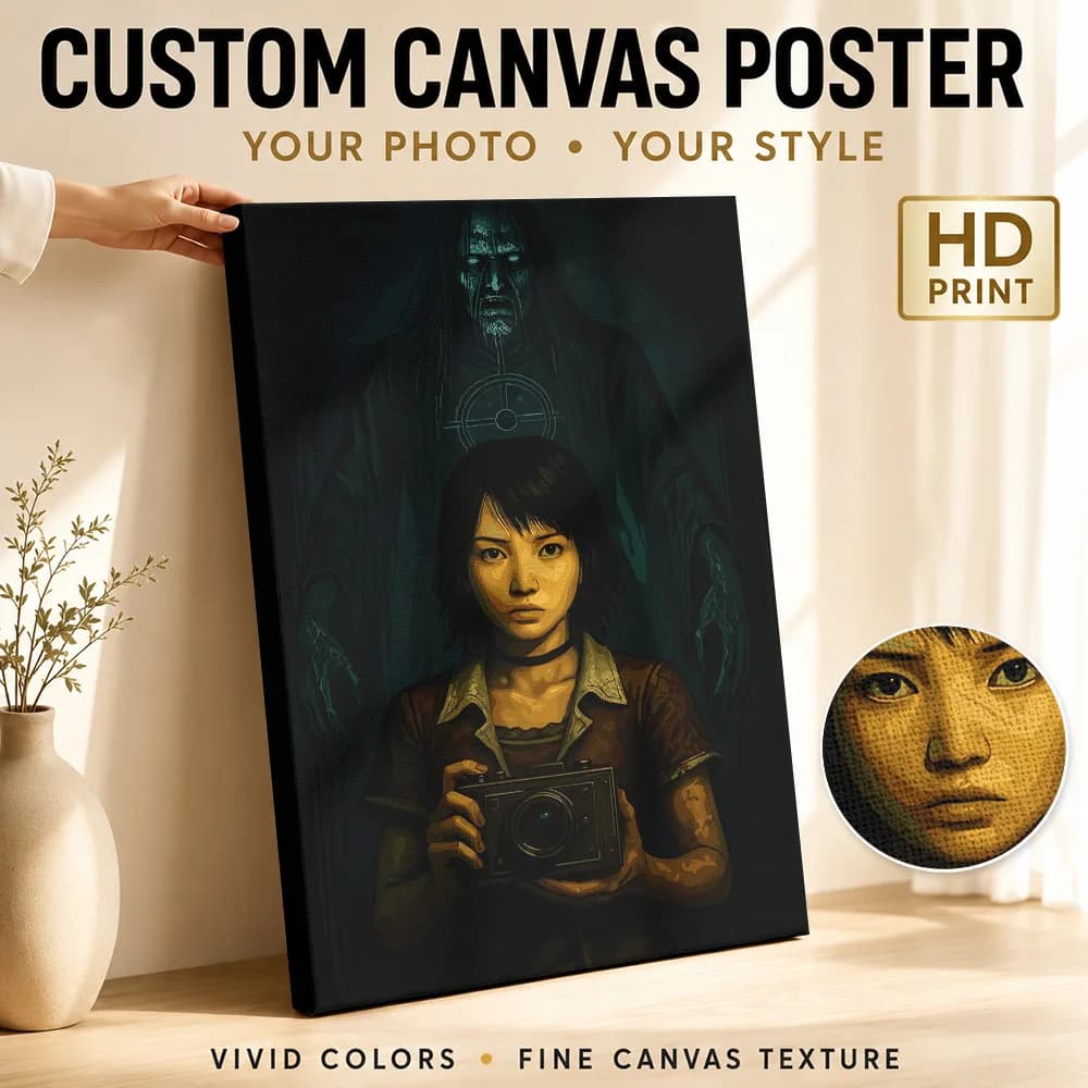 Girl with Camera and Ghostly Figure Canvas Poster Custom Modern Pop Culture Wall Art for Bedroom Decor Ready to Hang Home Gift
