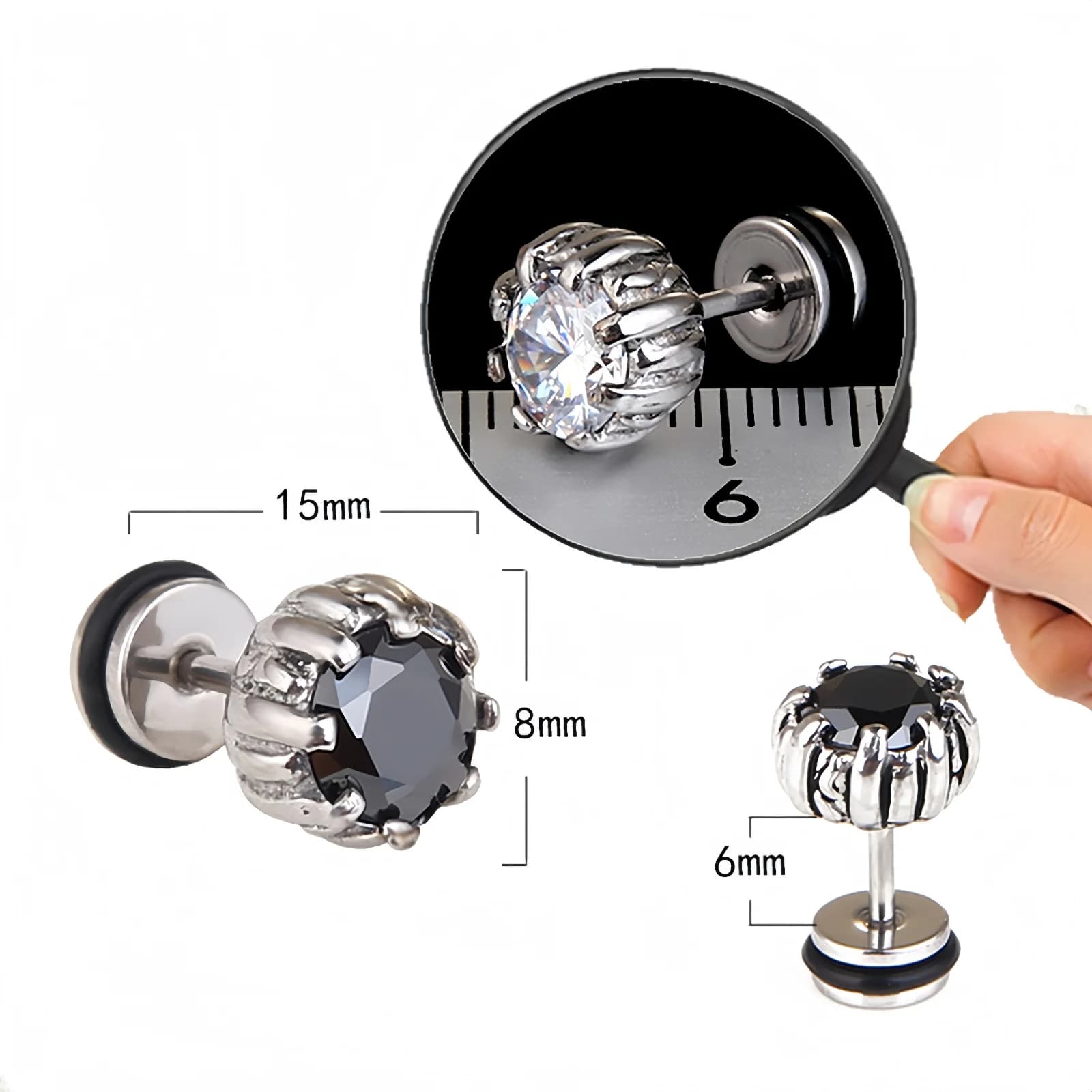 Orecchini a bottone in acciaio inossidabile con zirconi punk gotici Halo Moissanite per uomo Donna Gioielli per piercing all'orecchio fresco per rapper Hip Hop