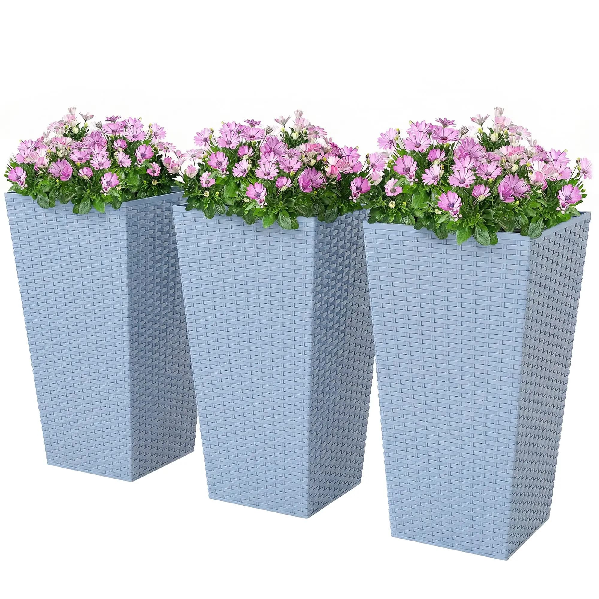 Set di 3 Vasi Alti per Piante da Esterno, Vasi Conici da 24 Pollici con Fori di Drenaggio, Vasi Decorativi in Rattan, Grigio Chiaro