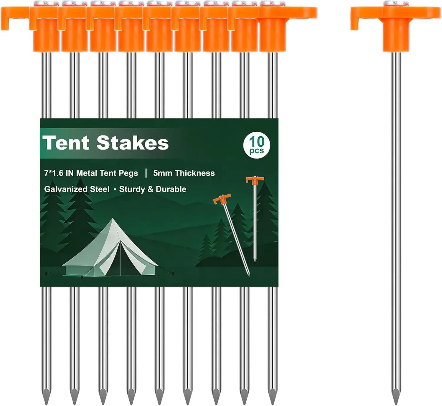 Picchetti per Tende Resistenti da 7 Pollici - Confezione da 10 Ancoraggi a Terra in Acciaio Galvanizzato per Campeggio, Tende da Sole, Teloni - Picchetti in Metallo Antiruggine con Testa Arancione
