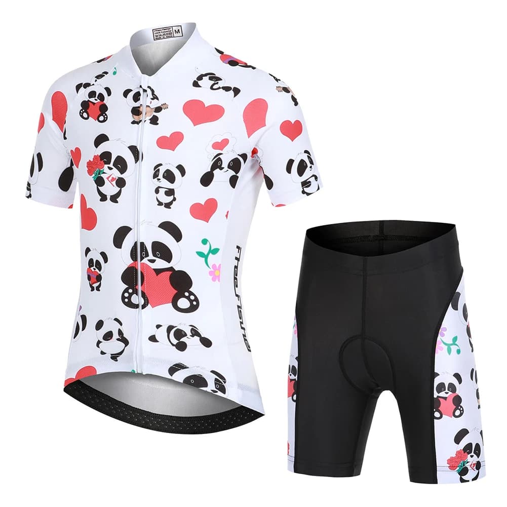 Set of summer cycling shirts for girls, short sleeve bike top + padded shorts, road cycling clothing MTB Pro Team with cute print panda