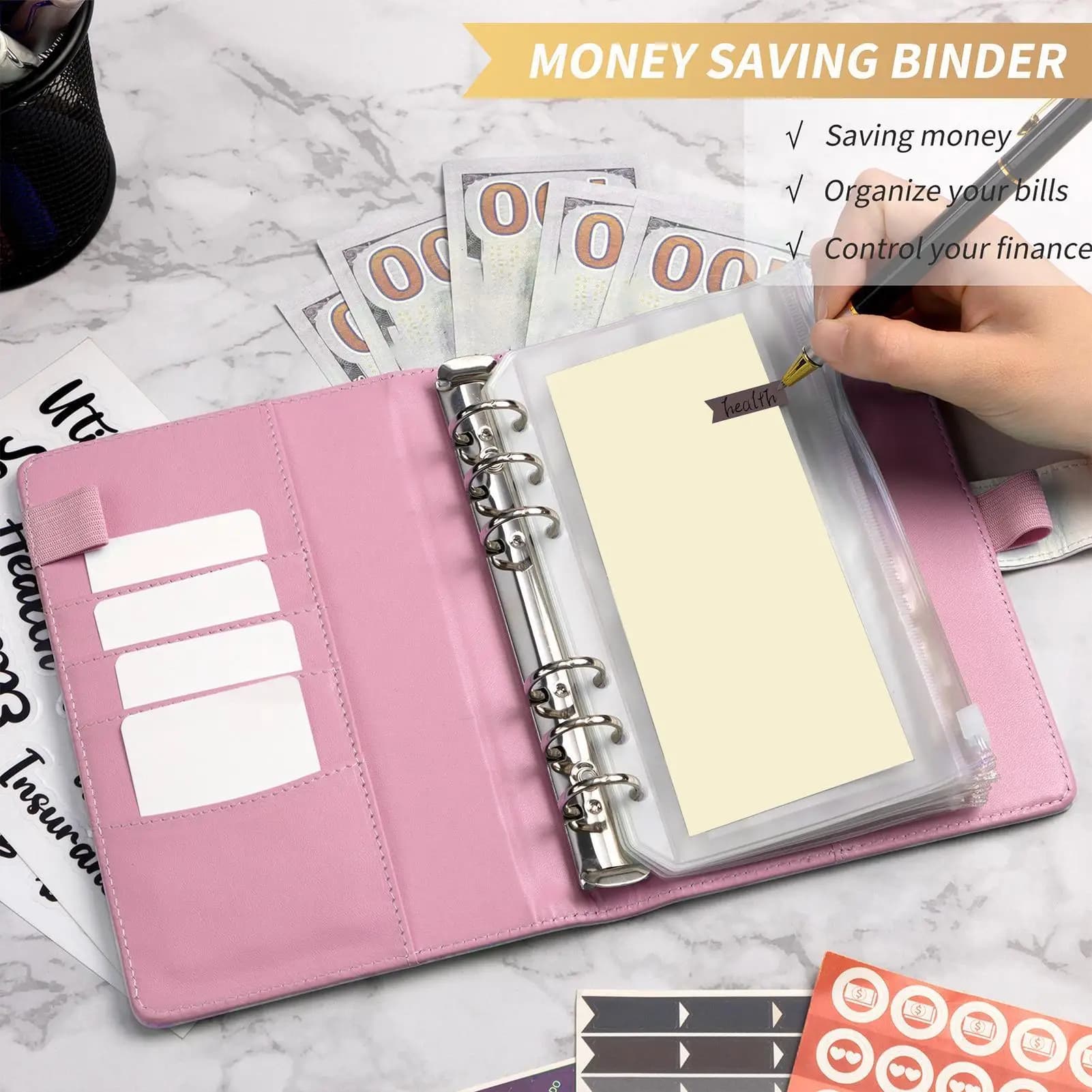 Raccoglitore di risparmio Raccoglitore di risparmio di contanti Raccoglitore di risparmio di denaro Notebook Pianificatore di finanza con custodia con cerniera per ricevute di banconote di monete