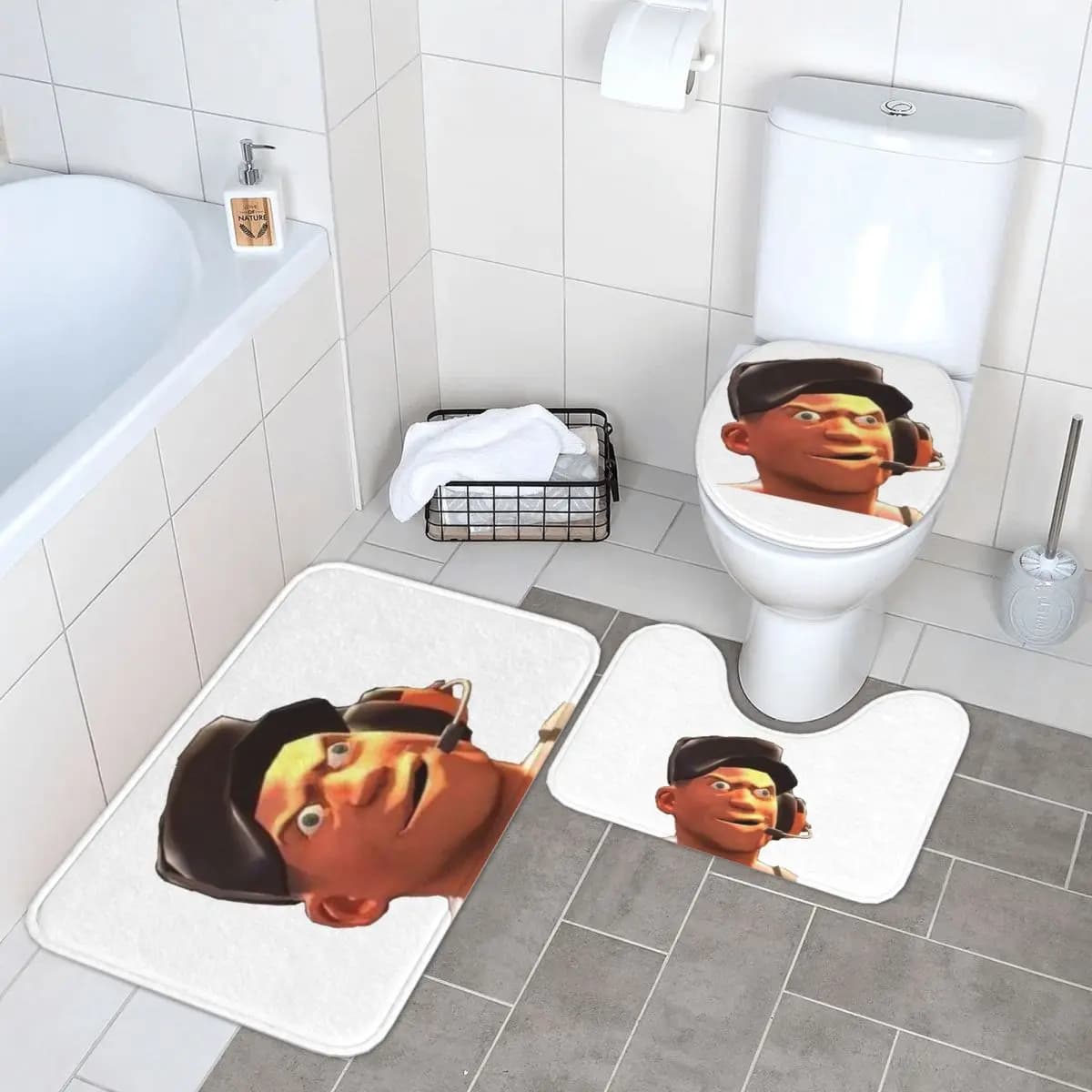 Team Fortress 2 TF2 Scout Gmod Face Funny Meme Tappetino da bagno in 3 pezzi Set da bagno Copriwater Tappetino antiscivolo per la casa
