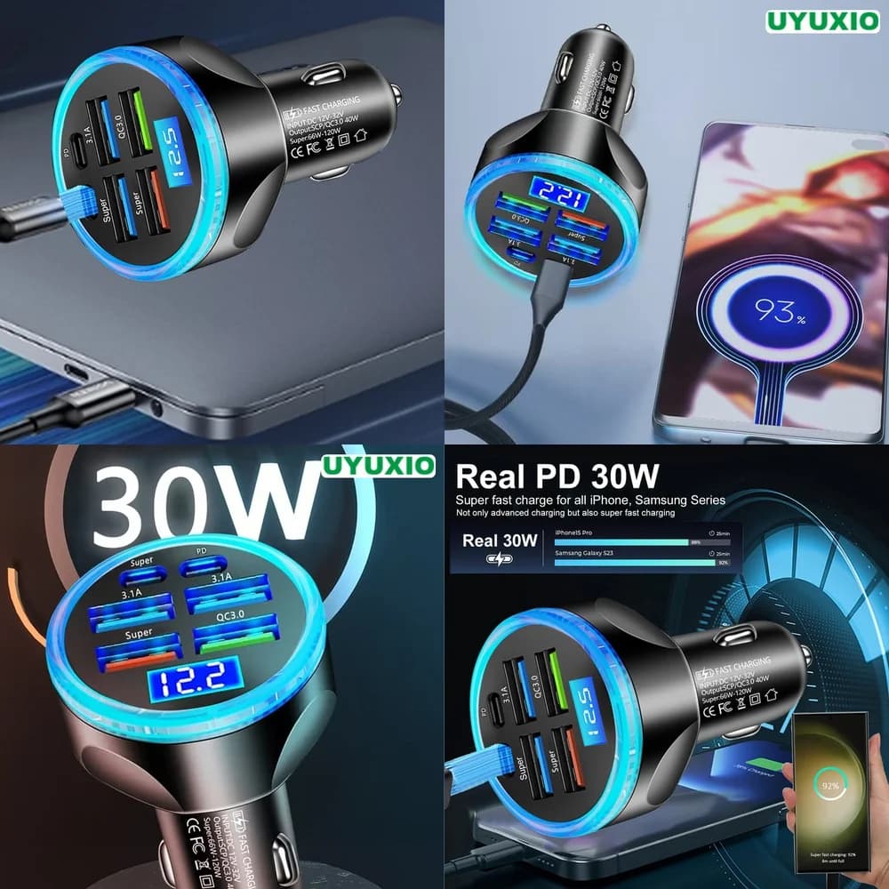 Super Fast Socket PD 30W LED Digital Display Car Charger 6 Ports for iPhone 17 16 15 14 Pro Max Plus Type C USB C Fast Charging