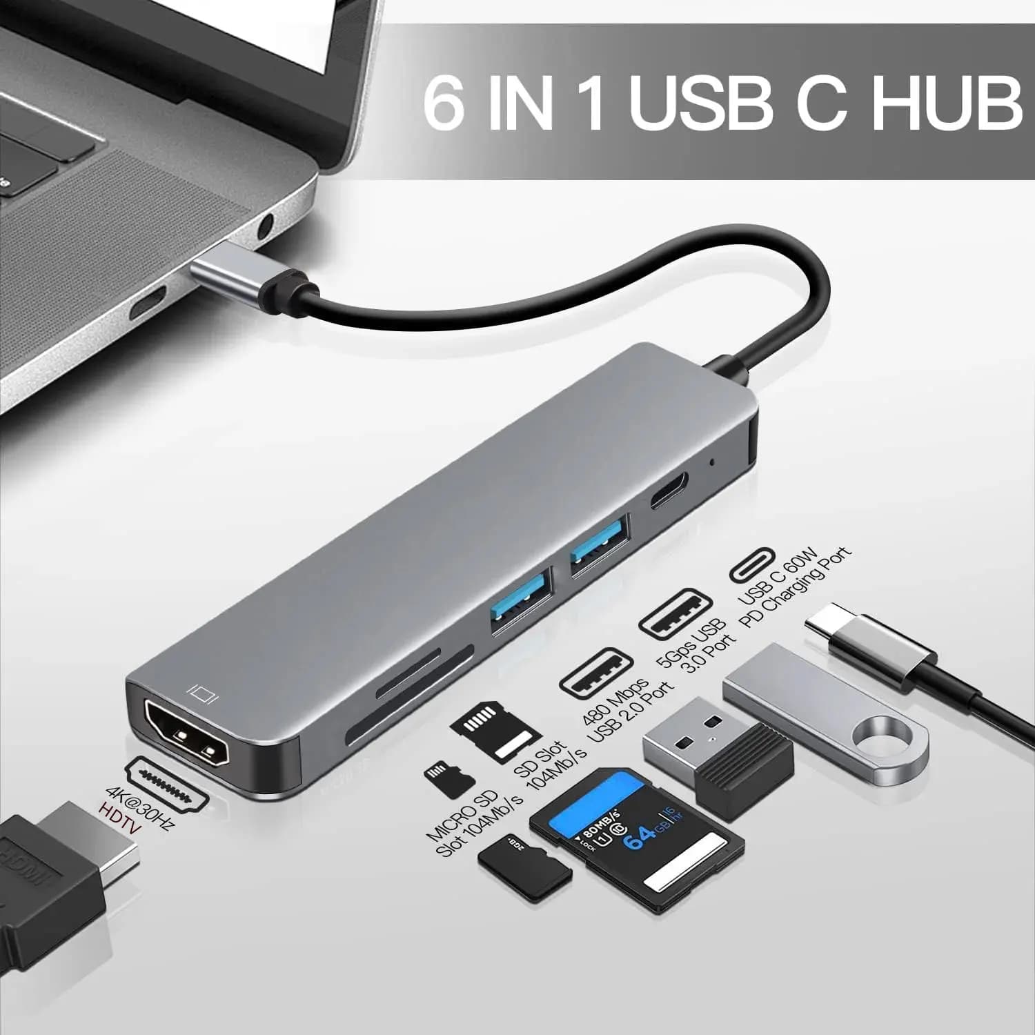 Hub USB C a 6 porte – HDMI 4K, lettore di schede SD/TF, USB 3.0 e 2.0, docking station di ricarica Type C per Samsung MacBook iPad