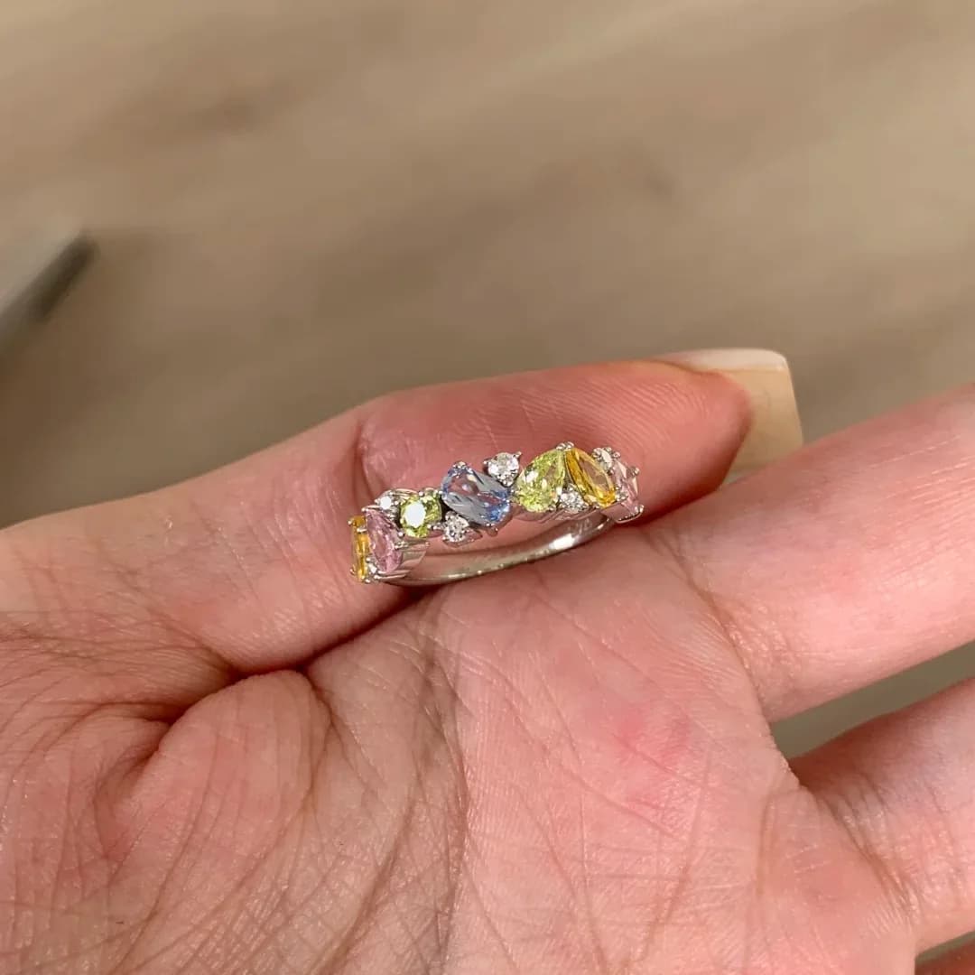 sterling silver ring, dopamine color zircon ring, niche design, light luxury, high-end index finger ring, open ring, female.