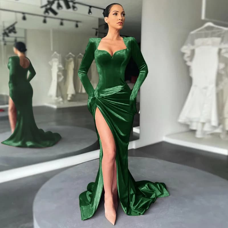 Sexy High Split Party Dress Gloves High Waist Dress Show Chest Street Style Long Sleeve Full Length Pure Color Spring Summer