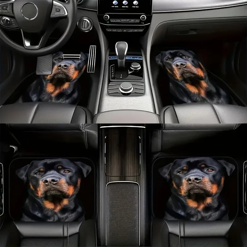 Set di tappetini per auto modello cane Rottweiler universale da 4 pezzi - Cuscinetti di protezione antiscivolo per sedile anteriore e posteriore per interni del veicolo