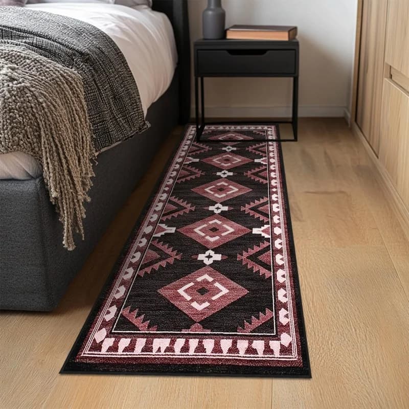 Vintage Diamond Geometric Long Runner Rug Non Slip Washable Kitchen Mat Retro Burgundy Black Pattern Hallway Floor Carpet