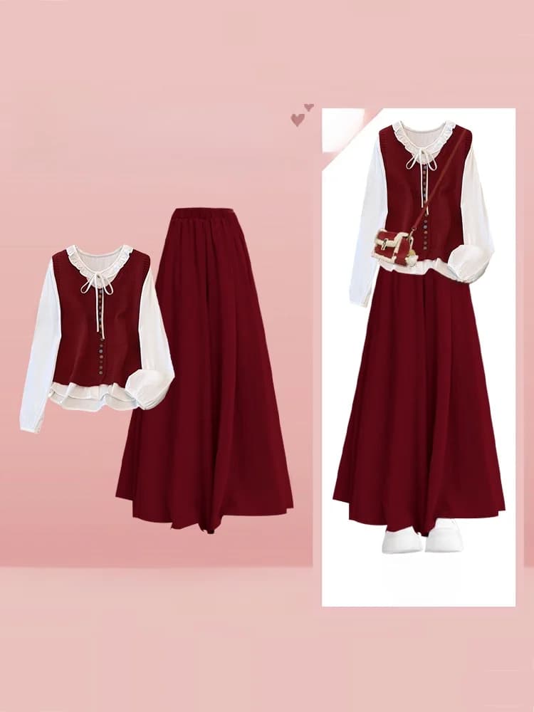 Set maglione e gonna lavorati a maglia Red Lady, collezione autunnale da donna, gonna lunga a vita alta effetto due pezzi.