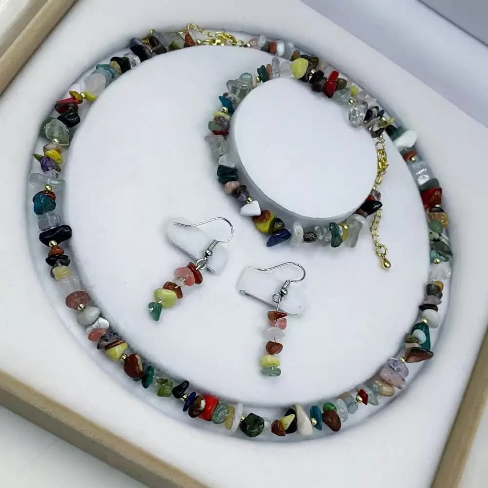 Set di gioielli di moda da sposa con bracciale e collana con chiusura a moschettone con pietre preziose naturali casuali miste multicolori 17 "7"