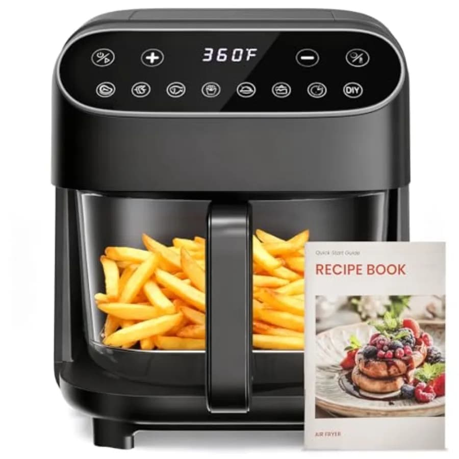 Friggitrice ad aria per uso domestico, cestello in vetro temperato, nera, senza PFAS e lavabile in lavastoviglie con 8 controlli touchscreen preimpostati e 3