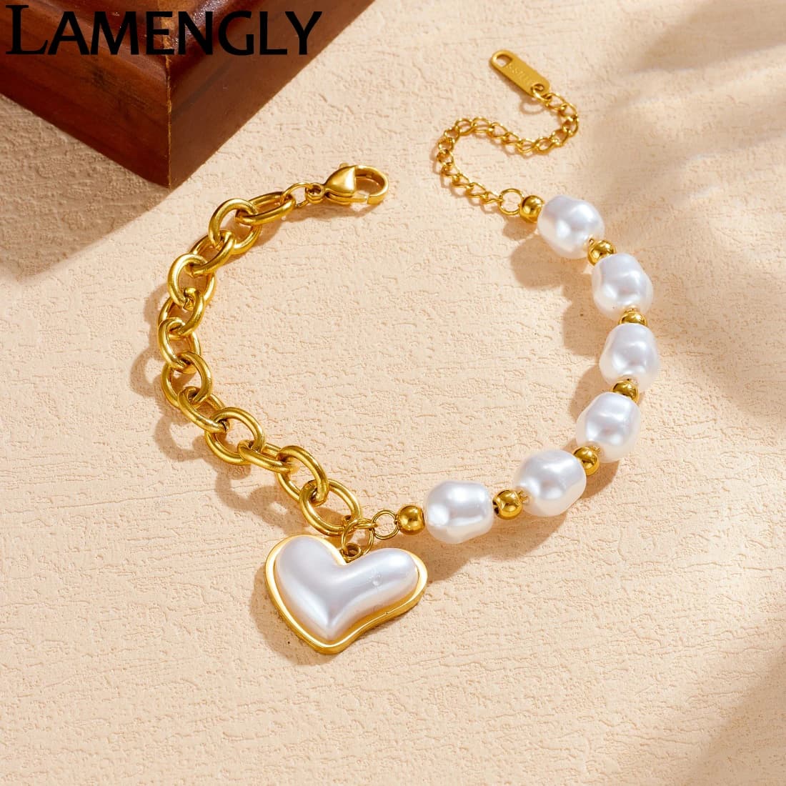 Bracciale LAMENGLY in Acciaio Inox 316L con Perle Incastonate, Design Creativo a Catena con Cuore, Gioiello Elegante per Donne