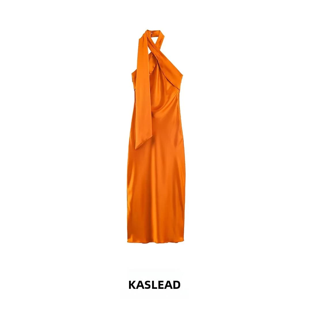 KASLEAD Fashion Slimming Silk Satin Texture Midi Dress Ladies Straight Tube Skirt Style No Sleeve City Commuting Dress