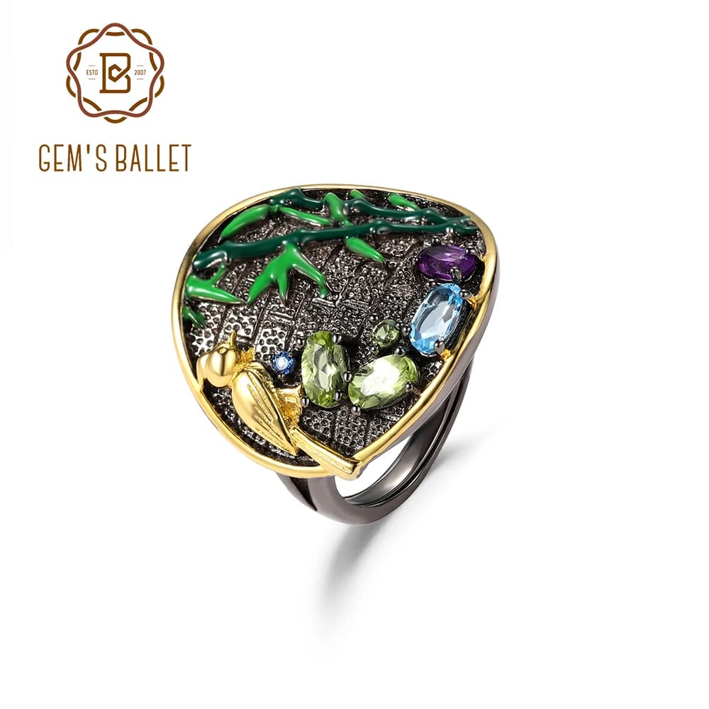 GEM'S BALLET Chinese Elements Jewelry Mixed Natural Gemstones Ring 925 Sterling Silver Bird bampool handmade rings for her
