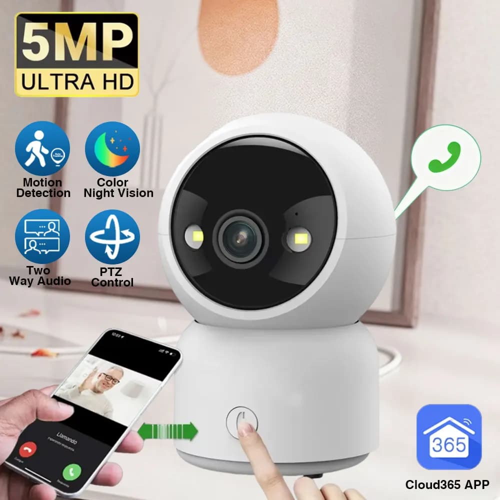 Telecamera di Sicurezza WiFi PTZ 5MP con Videochiamata, Rilevamento Movimento, Visione Notturna a Colori 2K per Casa