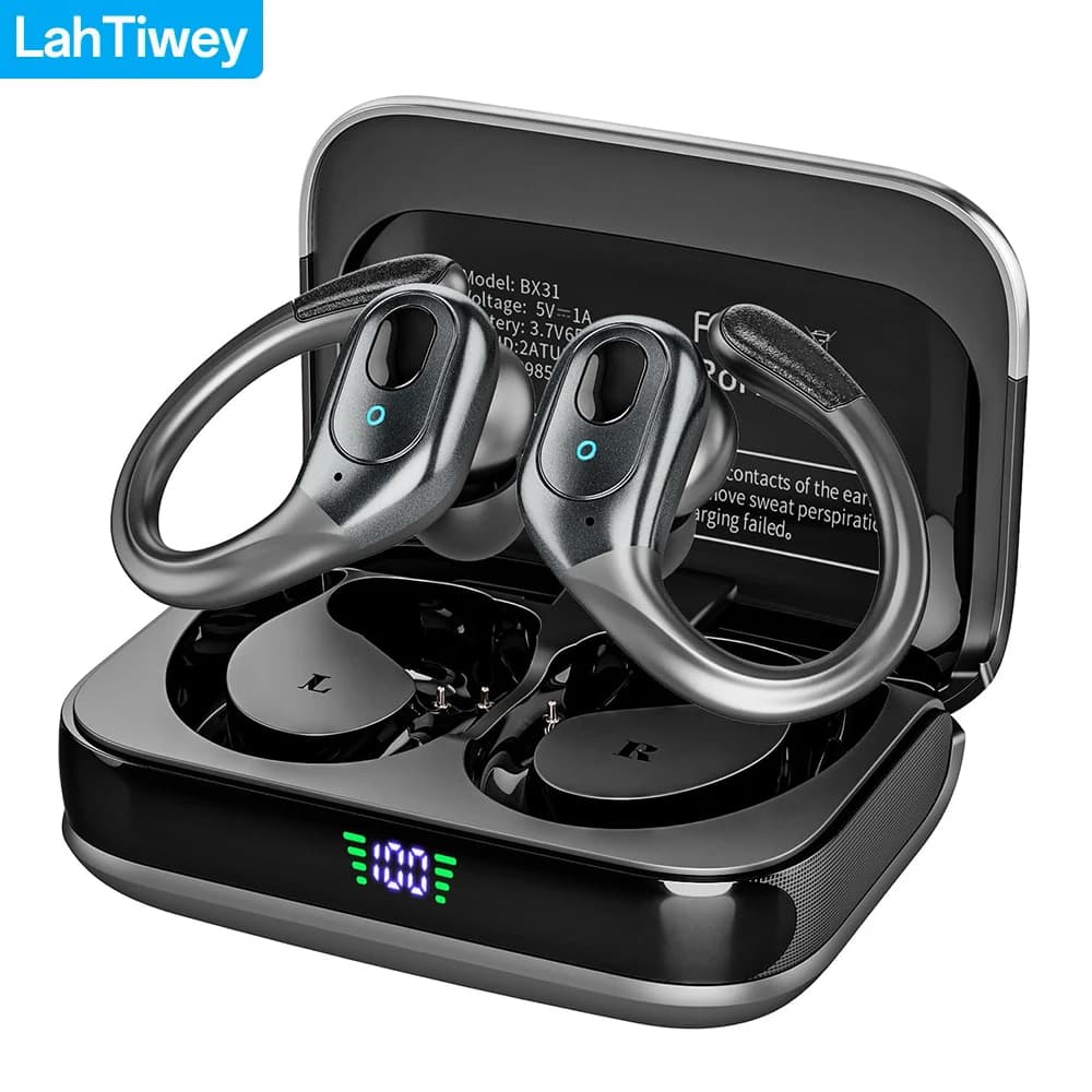 Bluetooth earphones with microphones, 75 hours of playback, waterproof IP7, LED displays for sports gym