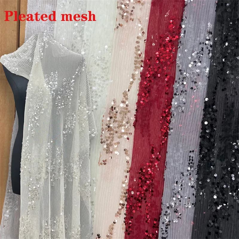 130cm Wide 6mm Pleated Mesh Sequin Fabric – Crinkled Tulle Lace Material for Women's Dresses, Kids' Clothing & DIY Bridal Gowns