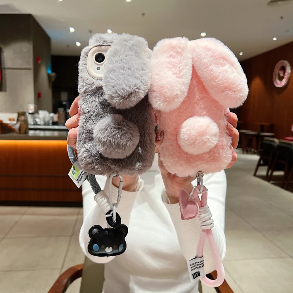 Custodia morbida in peluche con cordino per iPhone 13 14 15 11 12 16 17 Pro Max Plus 3D Furry Rabbit Bunny Capelli di pelliccia caldi Copertura dalle orecchie lunghe