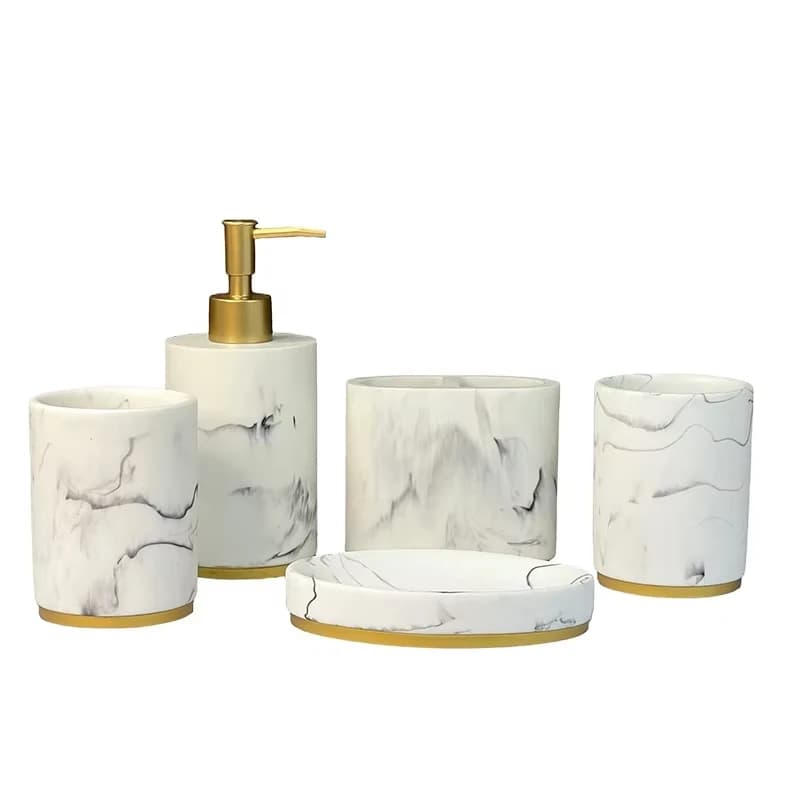 Set di accessori per il bagno Set da bagno in resina con design in marmo da 5 pezzi, set portaspazzolino per dispenser di sapone