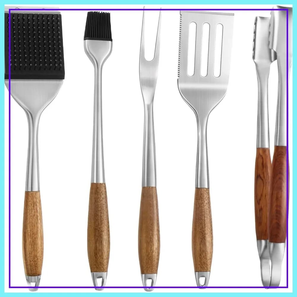 Set di 5 Utensili per Barbecue in Legno di Rosa Resistente, Spatola, Forchetta, Pinze, Pennello per Olio e Spazzola per Pulizia in Acciaio Inox Extra Spesso