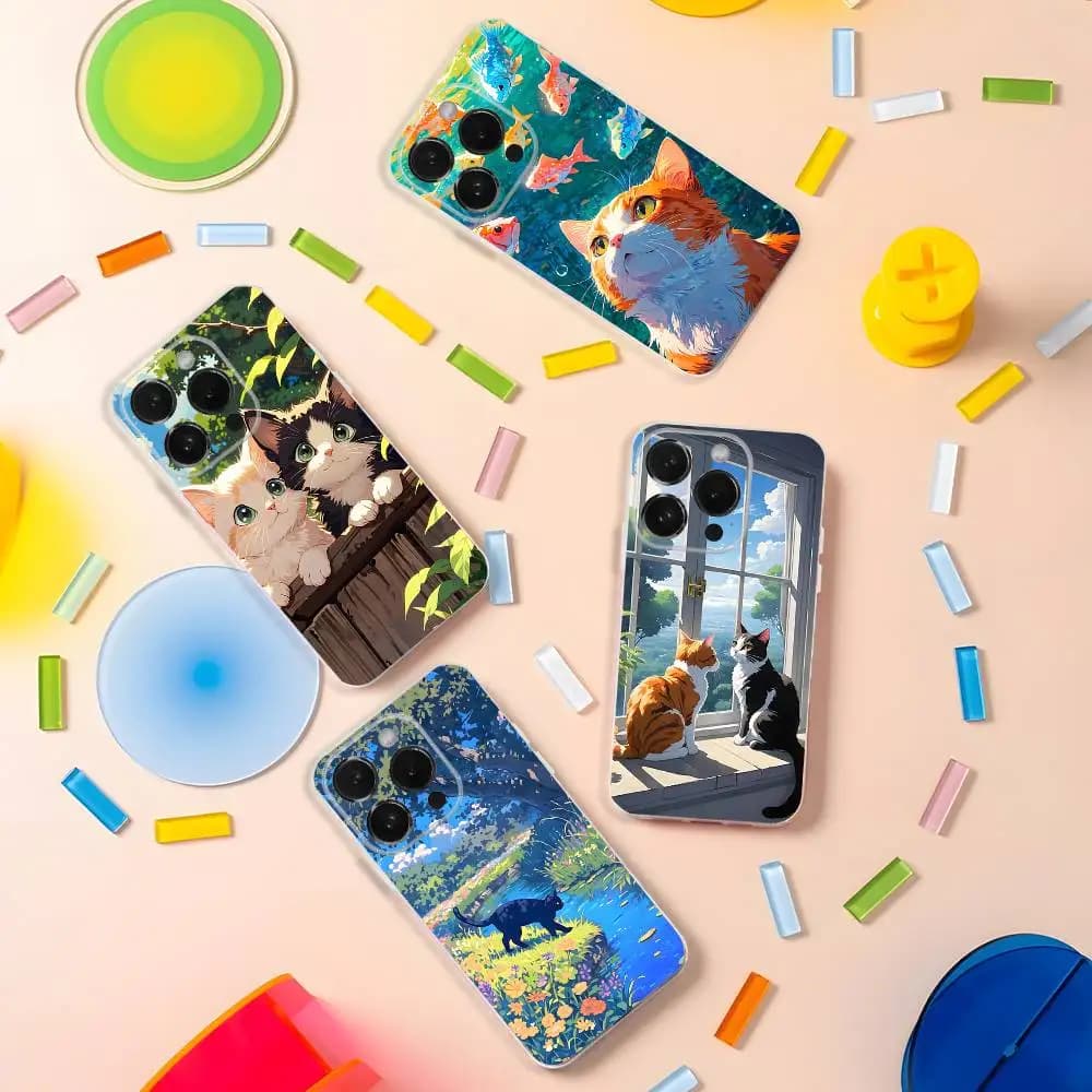 Cover Morbida Trasparente con Gatto Carino e Paesaggio Anime per iPhone 17, 16, 15, 14, 13, 12, Pro, Max, Plus, X, XS, XR, SE4, Mini