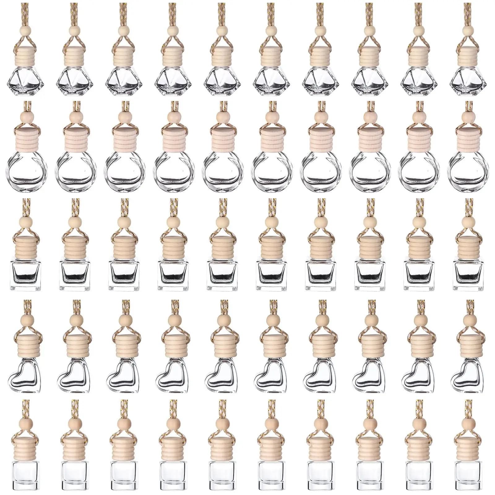 50Pcs Assorted Shape 6ml & 8ml Clear Glass Hanging Car Diffusers With Wooden Stopper For Essential Oil Aromatherapy