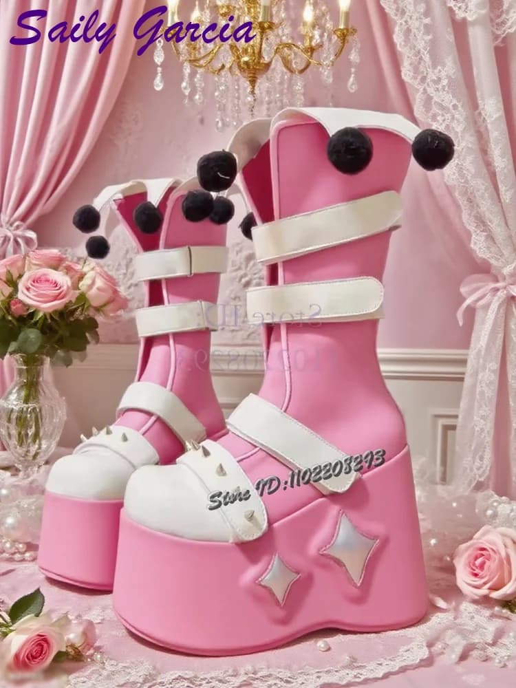 Rivet Cartoon Clown Platform Boots y2k Round Big Head Fur Ball Belt Hoop & loop Mid-calf Boots Women's New Fashion Punk Shoes