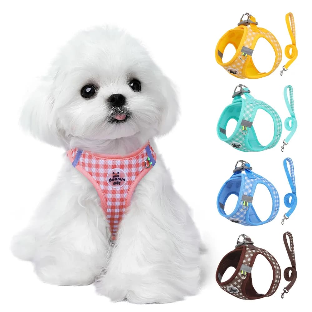 Imbracatura a quadri Piccolo cane di medie dimensioni Gatto riflettente traspirante Piombo per cani Teddy Step In Bichon Pet Walking Harness Guinzaglio Corda