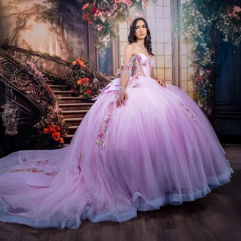 Abiti stile Quinceanera rosa lucido con spalle scoperte Applique con paillettes Perline di pizzo Tull Party Compleanno Sweet 16 Dress Abiti 15 De