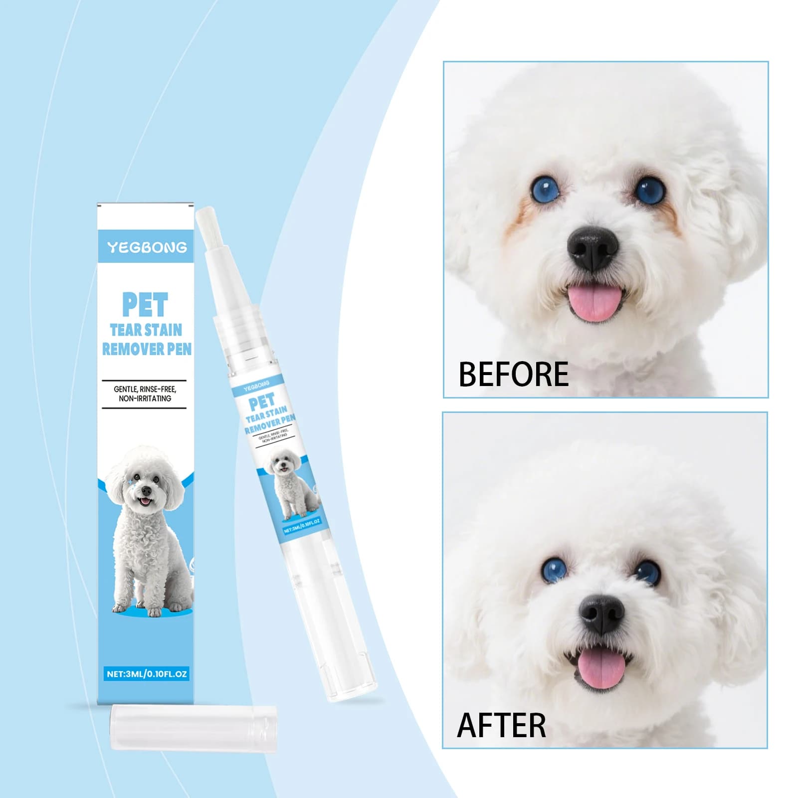 Yegbong Penna per la rimozione delle macchie da strappo per la cura degli animali domestici per cani e gatti Soluzione universale per la pulizia degli occhi 3 ml